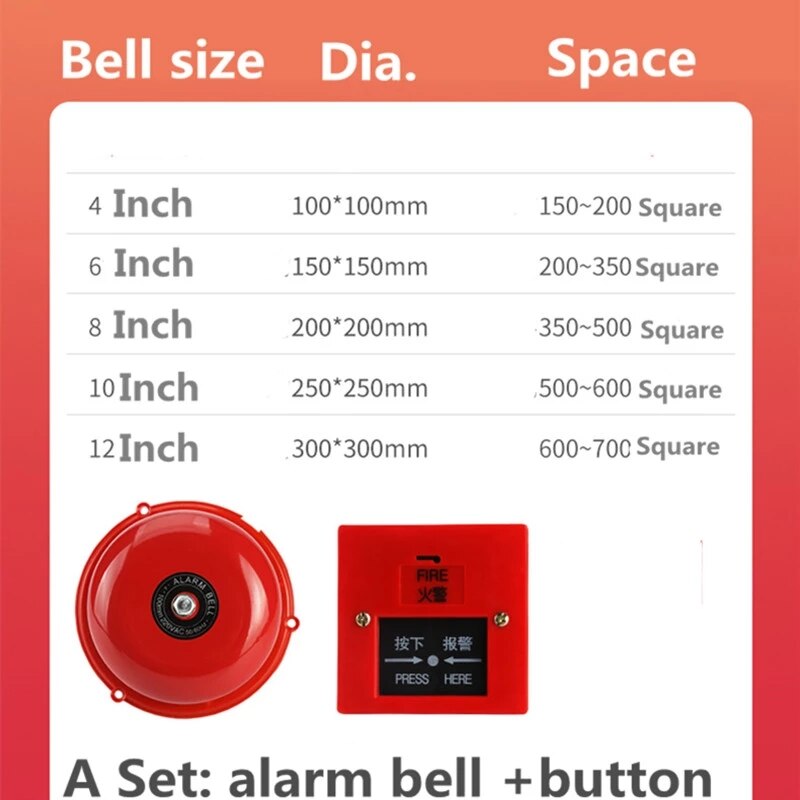 RED Fire Control Tradition Electric Bell 4/6/8 Inch AC 220V High DB Alarm Bell Door Bell School Factory Bell