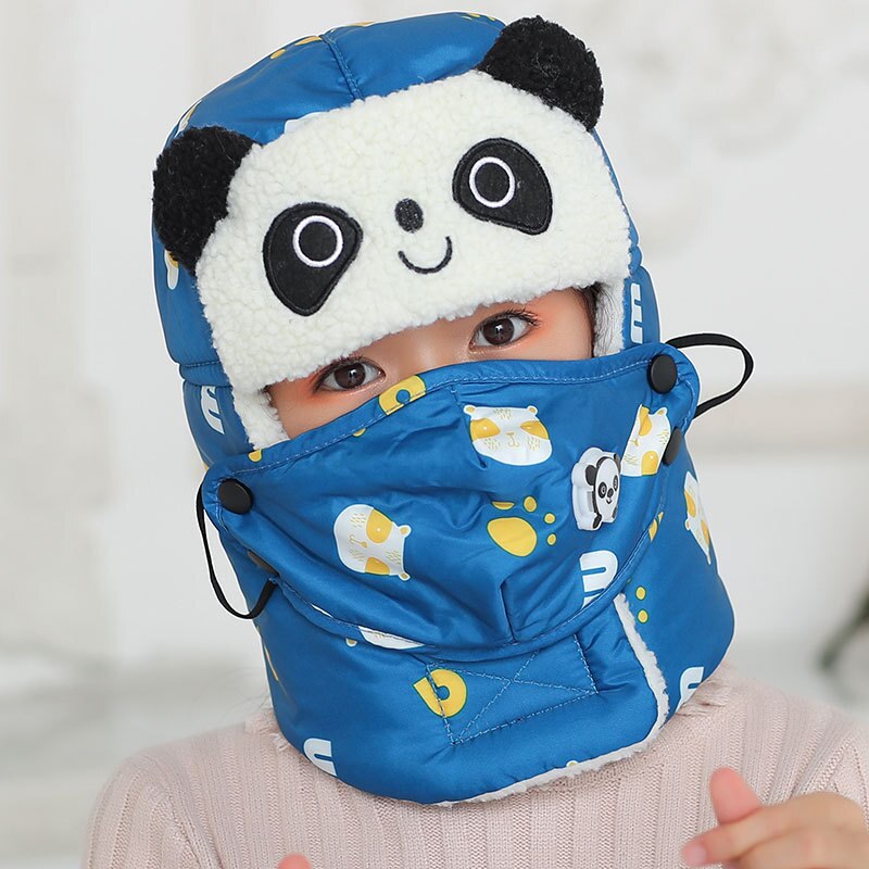 Gorros de bombardero afilados de panda para niño y niña, gorro de invierno con bufanda, máscaras de cuello, gorro de nieve de algodón, orejeras, sombrero ruso, máscara cálida: blue