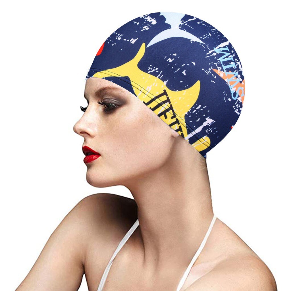 1pc moda boné de natação masculino/feminino flores impresso cabelo longo esportes nadar piscina banho chapéu elástico náilon turbante esportes acessório: B