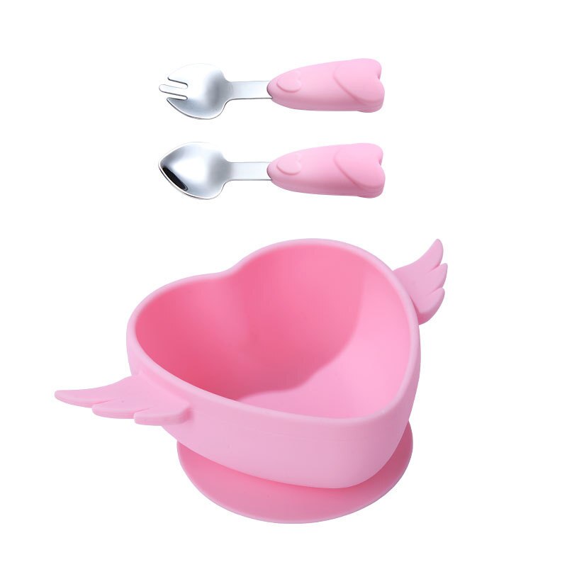 3Pcs/set Baby Silicone Bowl Infant Food Grade Complementary Feeding Tableware Set Baby Toddler Training Spoon Fork Set with Box: pink love bowl set