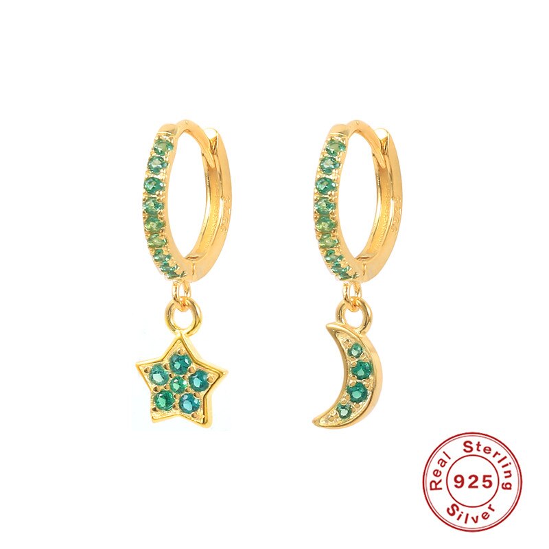 Huggie-pendientes de plata de ley 925 para mujer, aretes de aro coloridos de luna y estrella de circonita para mujer, orecchini de cristal púrpura/verde