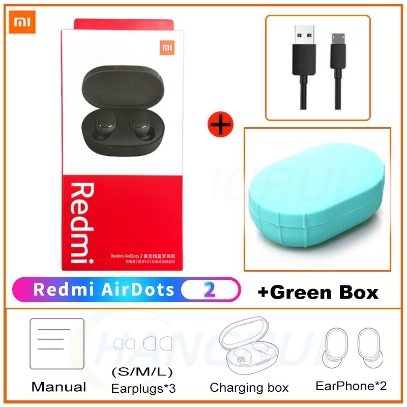 Xiaomi Redmi Airdots 2 Draadloze Bluetooth 5.0 Opladen Earphones Stereo Bass Oordopjes Met Microfoon Handsfree Ai Controle Oordopjes: Add Sky Green Cable