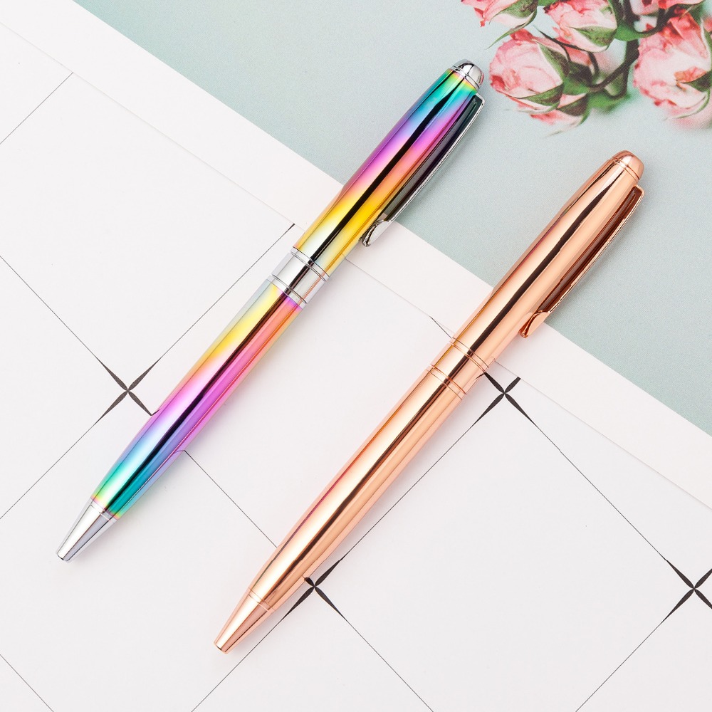 Kleurrijke Regenboog Rose Gold Metalen Balpen Luxe Pen Kristal Diamant Roller Ball Pen Aanmelden Pennen School Office Schrijven Supply