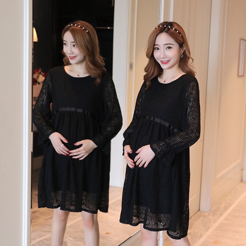 Long Sleeve Lace Maternity Dresses For Pregnant Women Clothes Spring Bottoming Hollowed Casual Solid Pregnancy Dresses: Black / M