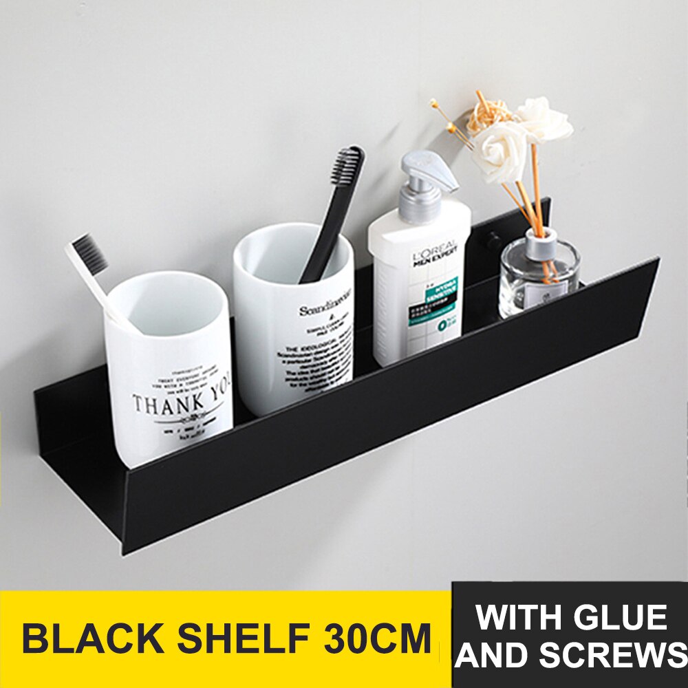 Space Aluminum Bathroom Shelf Wall Mount Shower Shampoo Soap Cosmetic Shelves Kitchen Storage Rack Holder Bathroom Accessories: 30cm Black