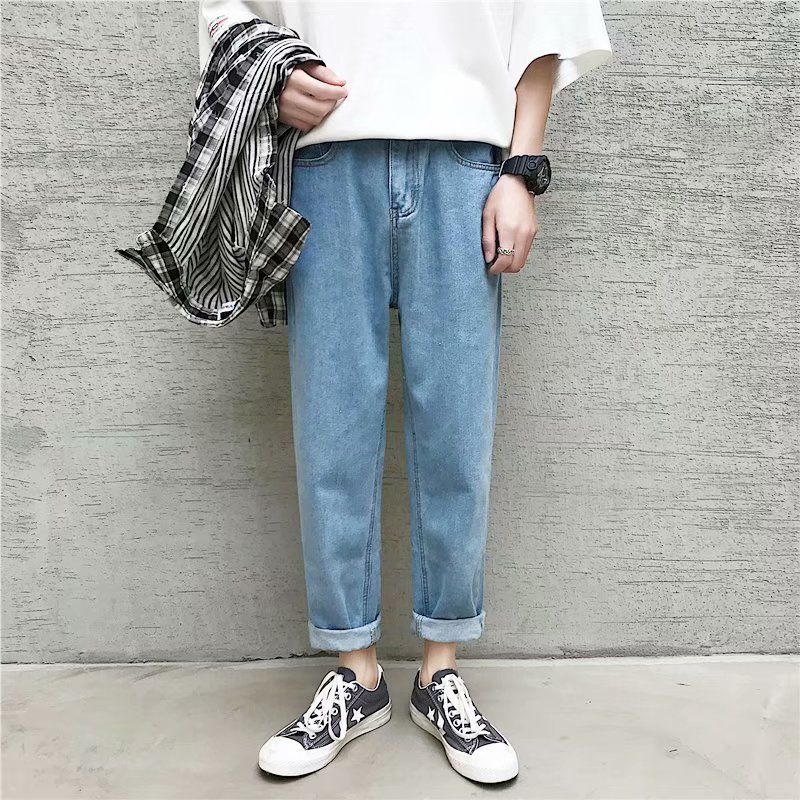 jeans herre fast enkel ankellang fritid Plus størrelse 3xl løse herre denimbukser bf streetwear årgang ulzzang: Svart / M