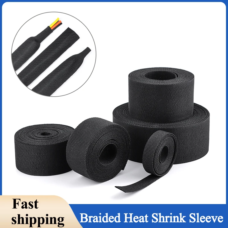 1~10m Braided Cable Sleeve PET Heat Shrink Tube Insulation Flam Retardant Shrinkable Wire Wrap Sheath Protection Cable Organizer