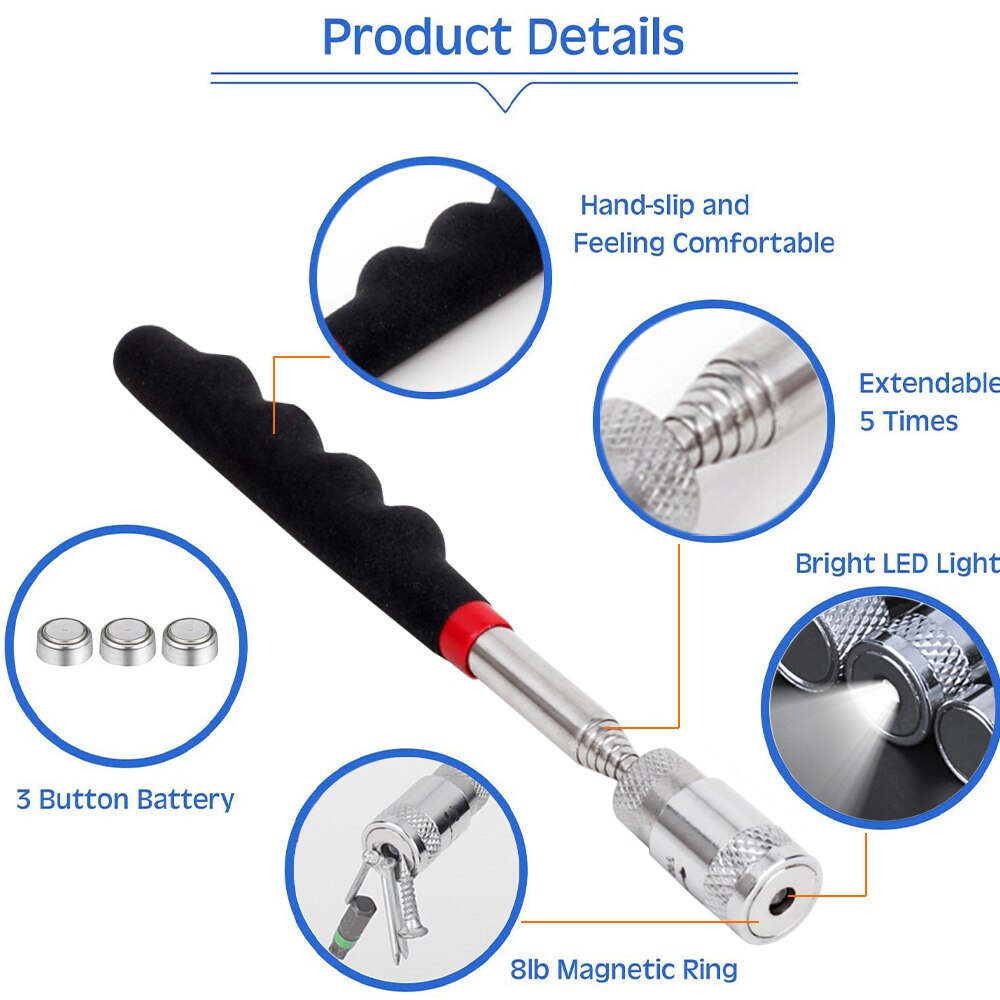 Portable Mini Telescopic Magnetic Pick Up Tool Magnet Pen with Light Extendable Pickup Rod Stick for Picking Up Nut Screws Bolt