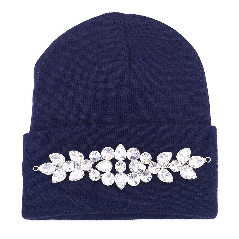 Vinter kvinder bomuld rhinestone beanies hatte damer elastiske strikkede beanies skullies hatte til femme varmt efterår motorhjelm ski caps: Mørkeblå