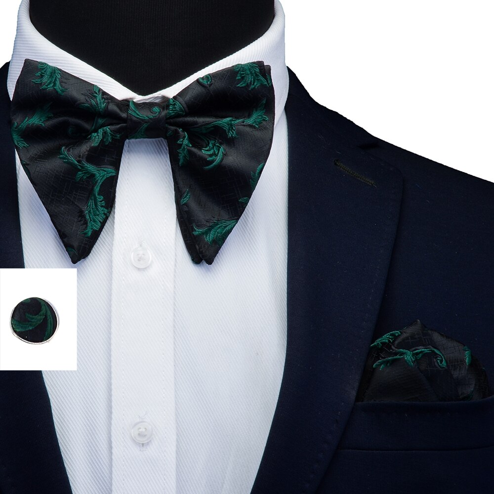 Pajarita grande para hombre, conjunto de gemelos, pañuelo Floral de doble pliegue, pajaritas Rojas, cuadrados de bolsillo para boda,: Verde
