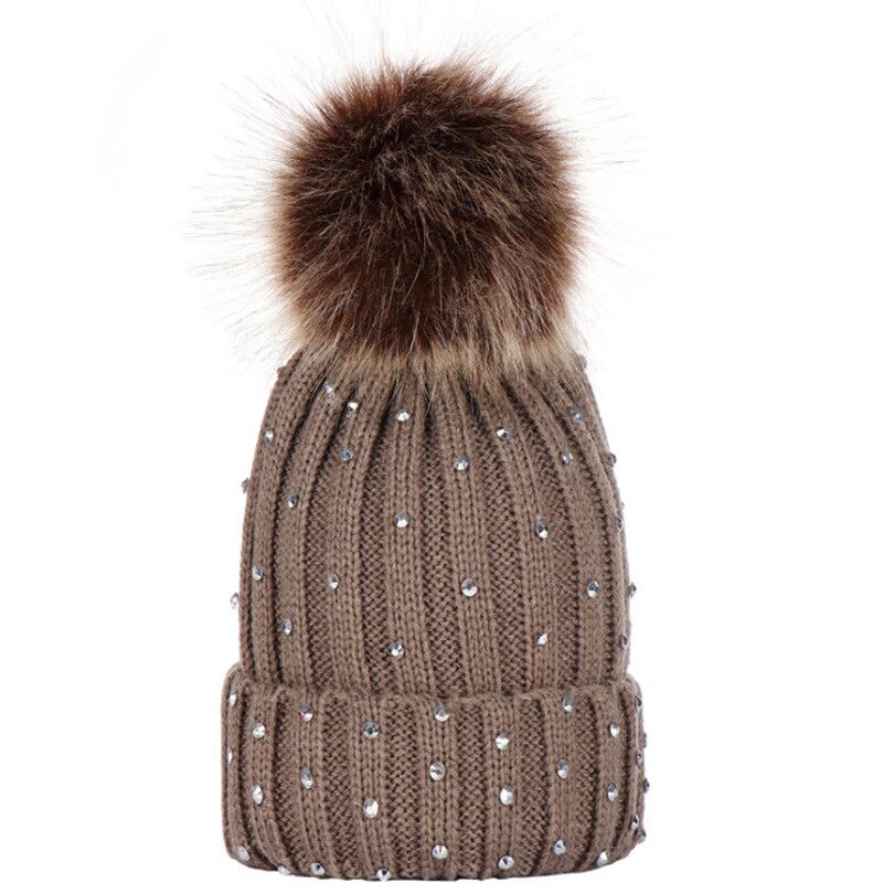 Style Girl Crystal Winter Warm Knit Beanie Hat Kid Cap Knitting Wool Patchwork With Ball: Khaki