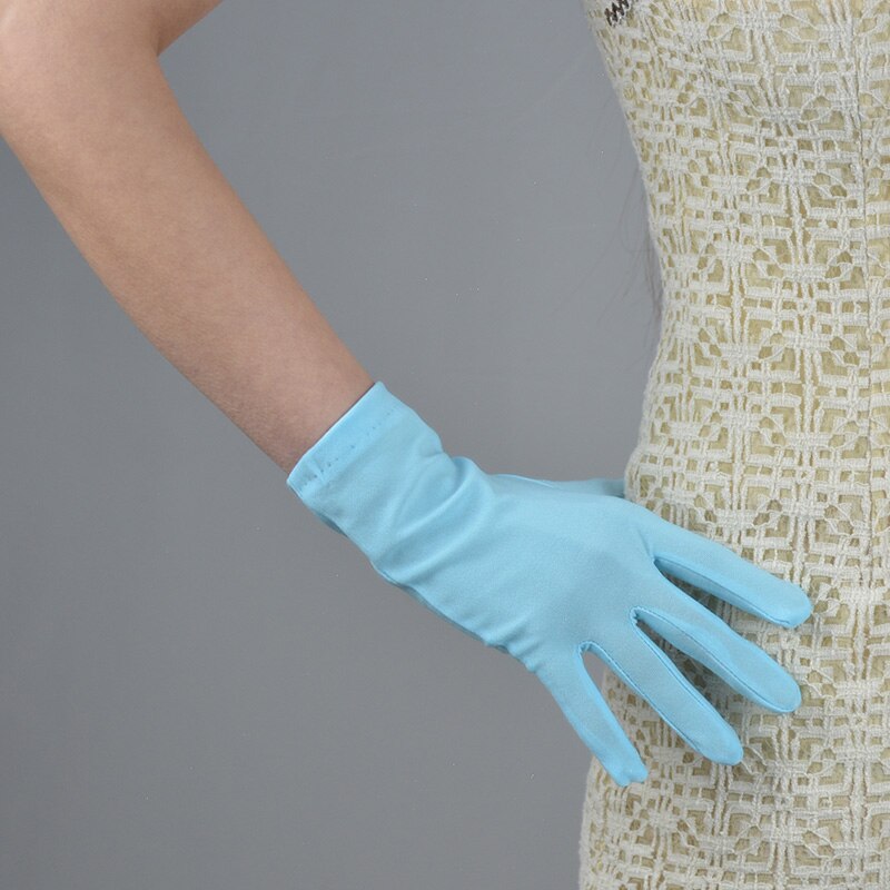 Lady Short Green/Pink/Lt.Blue Spandex Gloves Women Guantes Wrist Length Yellow Bridal Gloves Party Wedding Accessoires Mariage