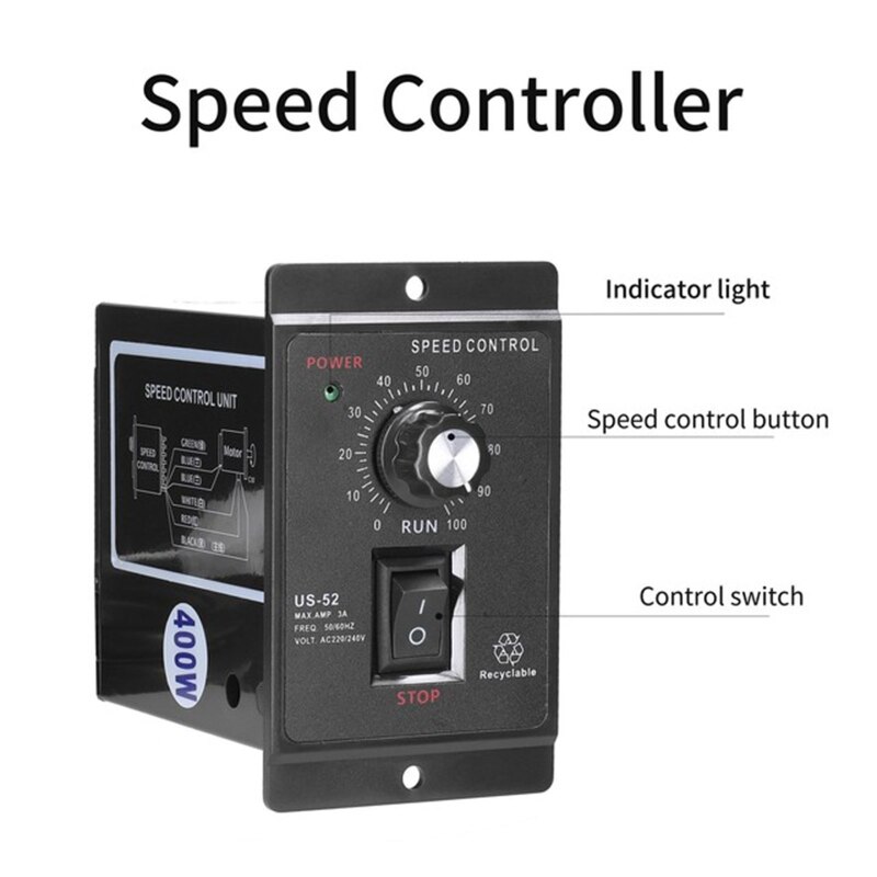 US-52 Single Phase AC Motor Speed Controller 400W AC220V 50/60Hz Motor Speed Regulator With Filter Capacitor Black