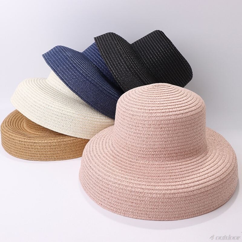 Women Summer Vintage Hepburn Straw Sun Hat Bell Shaped Wide Brim Solid Color UV Protection Travel Floppy Beach Cap M12 21