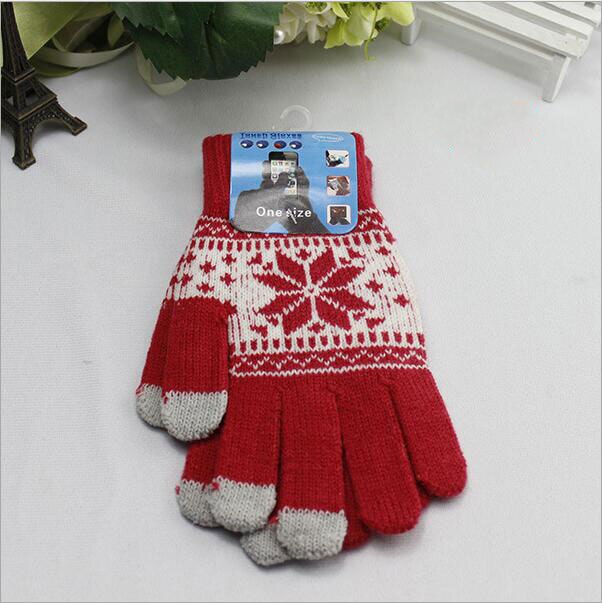 Vinter varm berøringsskærm handsker mænd kvinder uld strikkede handsker slik farve snefnug vanter til mobiltelefon tablet pad: Rød