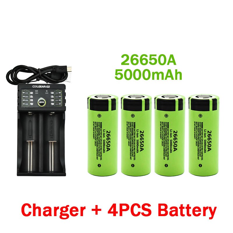 100%  originale 26650 batterier 5000 mah 3.7v 50a lithium ion oppladbare batterier for 26650a led lommelykter+lader