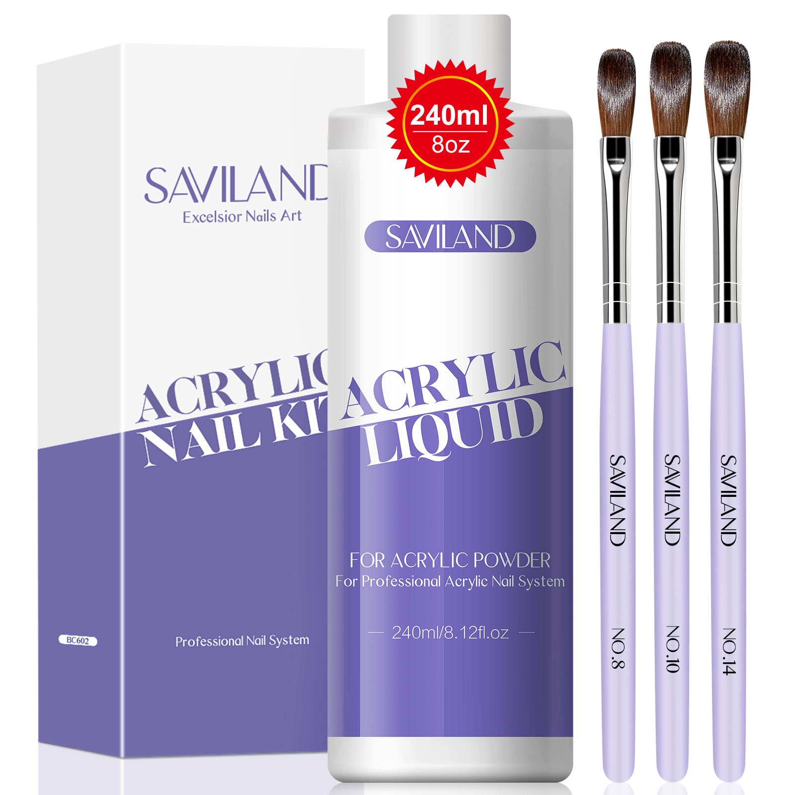 Saviland-líquido acrílico para uñas monomero, 240ml, con 3 uds., pinceles acrílicos, tamaño 8/10/14 para extensión de uñas en polvo acrílico, salón DIY: Default Title