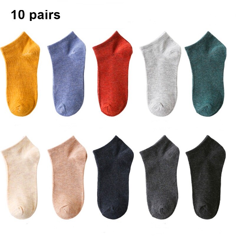 Lot 36-44 10 paires de chaussettes unisexes pour homme et femme, en coton respirant, couleurs unies, décontractées, pour le printemps, l'été et l'automne: 10 couleurs différentes