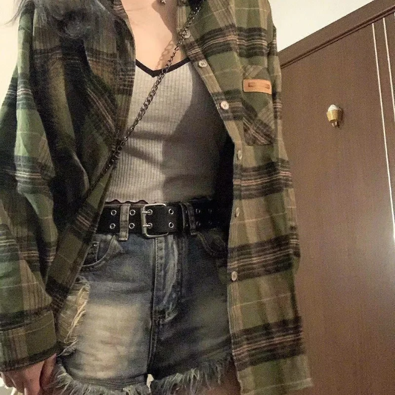 Deeptown Harajuku Groen Plaid Shirt Streetwear Vrouwen Vintage Lange Mouw Oversize Blouse Koreaanse Mode Esthetische Kleding Vrouwelijke