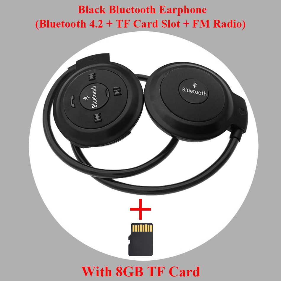 HOMEBARL 3D Mini 503 Mini503 Bluetooth 4.2 FM Headset Sport Wireless Headphones Music Stereo Earphones + 8GB 16GB Micro SD Card: Black Add 8GB Card