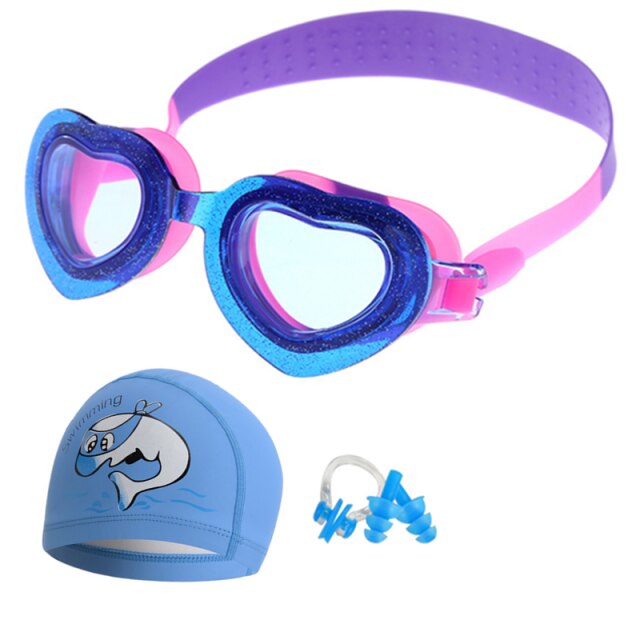 Waterproof Anti Fog UV Child swim Lenses Diving Swimming Glasses kids Eyewear Swim Goggles with swim cap bag set: Blue