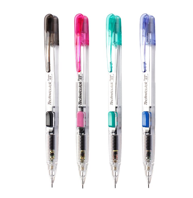 3/4 stk pentel techniclick mekanisk blyant 0.5mm klassisk sidepresse automatisk japan sort/blå/grøn/pink farve: 4 stk 0.5mm blandet