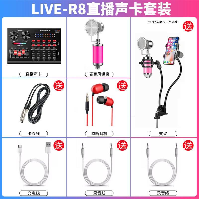 R8 Dal Vivo Scheda Audio Set di Ancoraggio Canto Attrezzature Mobile Del Telefono Voce Microfono Del Computer Microfono per Tutti I K Canzone Utile Del Prodotto: Package 1  V8 Sound Card   Feeding Bottle Powder   Headset   MV Holder