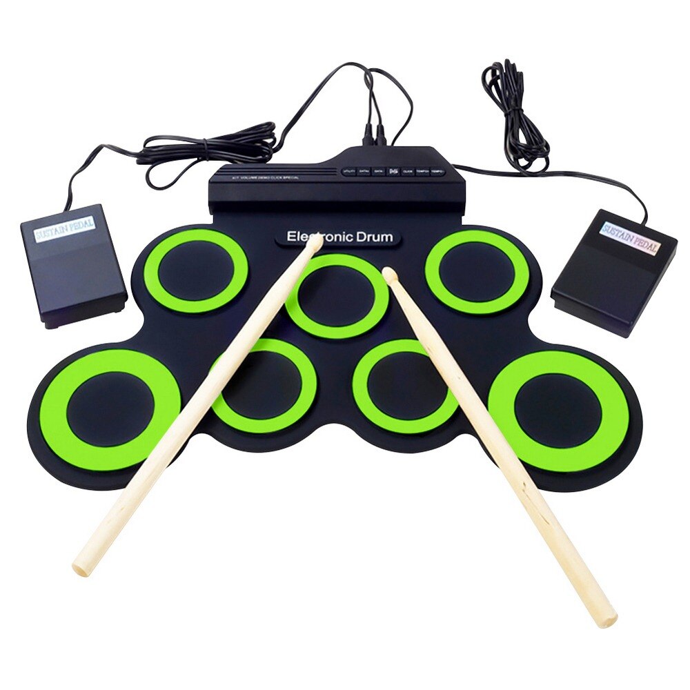 7 Pads Elektronische Drum Set Elektrische Drum Met Hoofdtelefoon Jack Ingebouwde Luidspreker En Batterij, drum Stok Party Instrument: Green