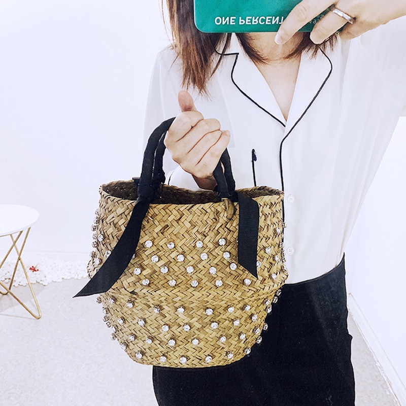 Woman Vacation Bag Embellished Straw Bag Ladies Woven Seaweed Bucket Diamond Bag Pearl Handbags