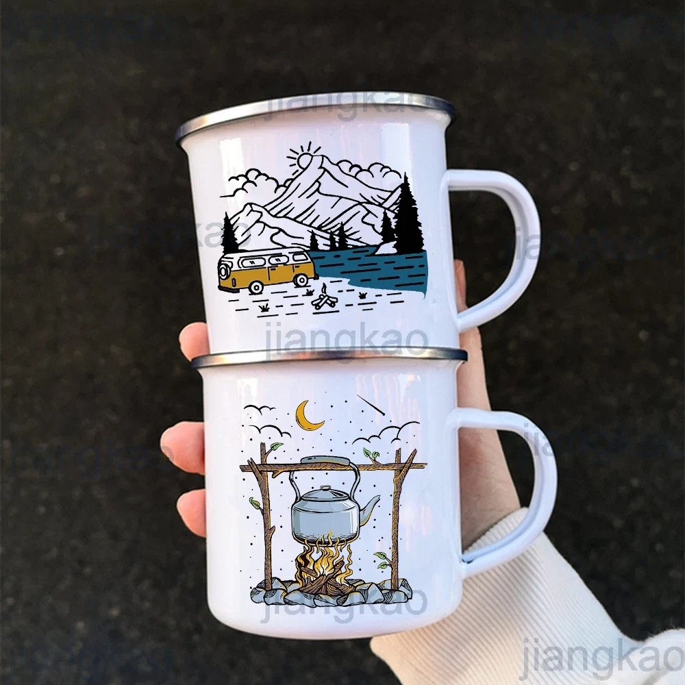 Tazas de Camper con estampado de caravana, taza esmaltada para acampar, aventura, fogata, , cerveza, jugo, tazas con mango de montaña, para Camper