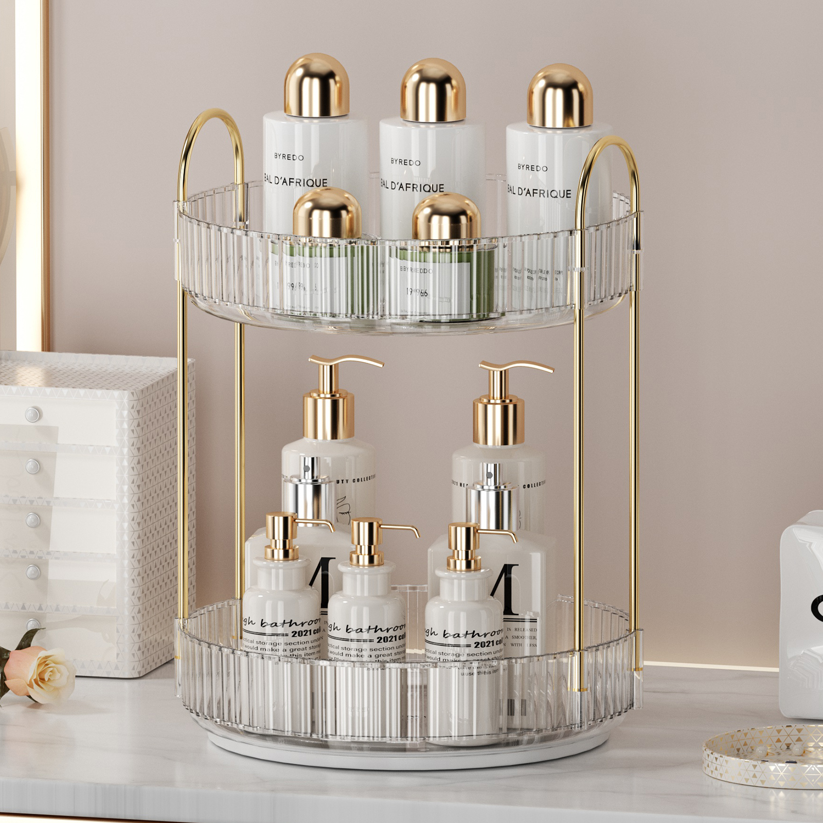 Rotating Makeup Organizer for Vanity 3 Tier Skincare Organizers Large Storage Bathroom Countertop Clear Cosmetic Holder Dresser: WHITE
