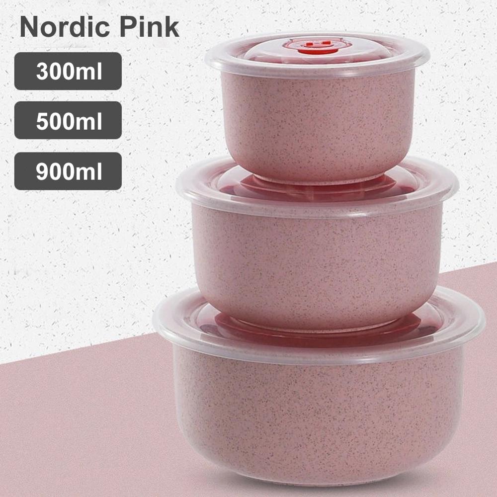 3pcs 300/500/900ml Wheat Straw Food Storage Containers with Lid Microwave Safe Cereal thickening Bowl With silicone seal: Pink