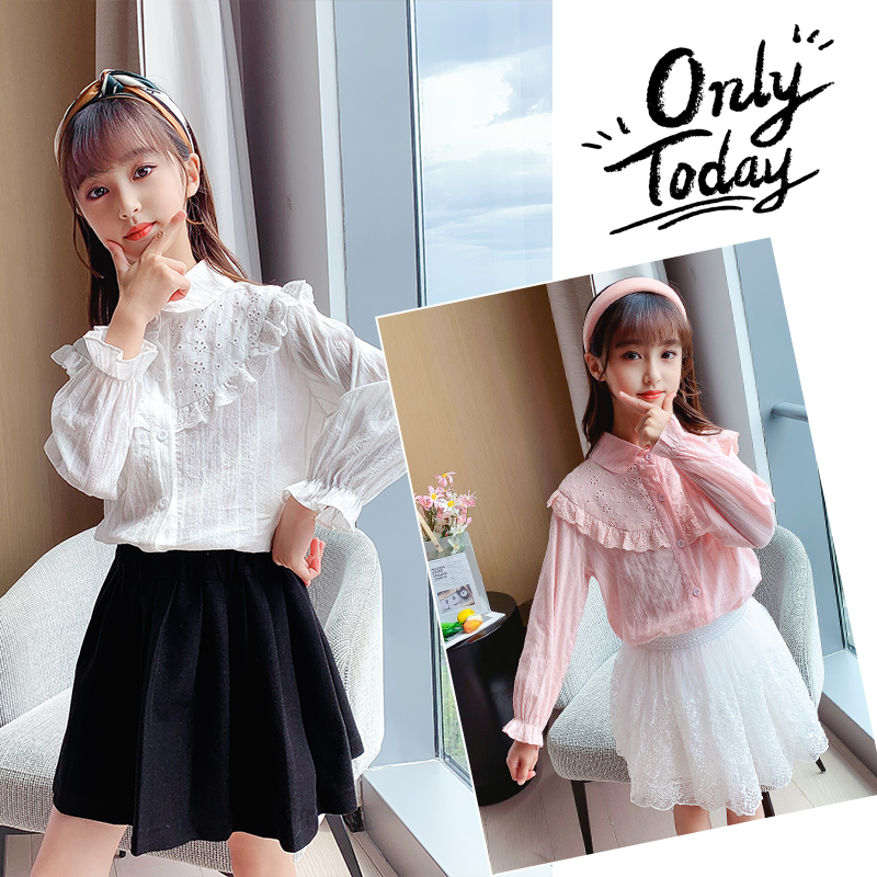 Blusa de algodón plisada con volantes para niña, camisa de color blanco y rosa para otoño, talla 4, 6, 8, 10, 12 y 14