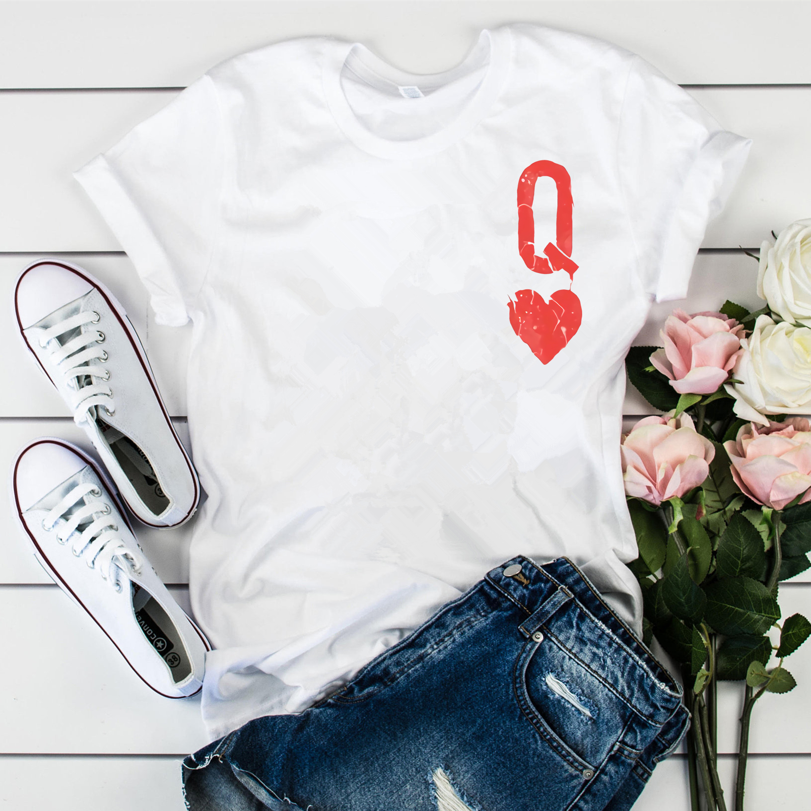 Hjerter dronning t-shirt til piger sød dronning t-shirt tumblr pokerkort q grafik t-shirts alice i eventyrland skjorte: Xxxl / Hvid