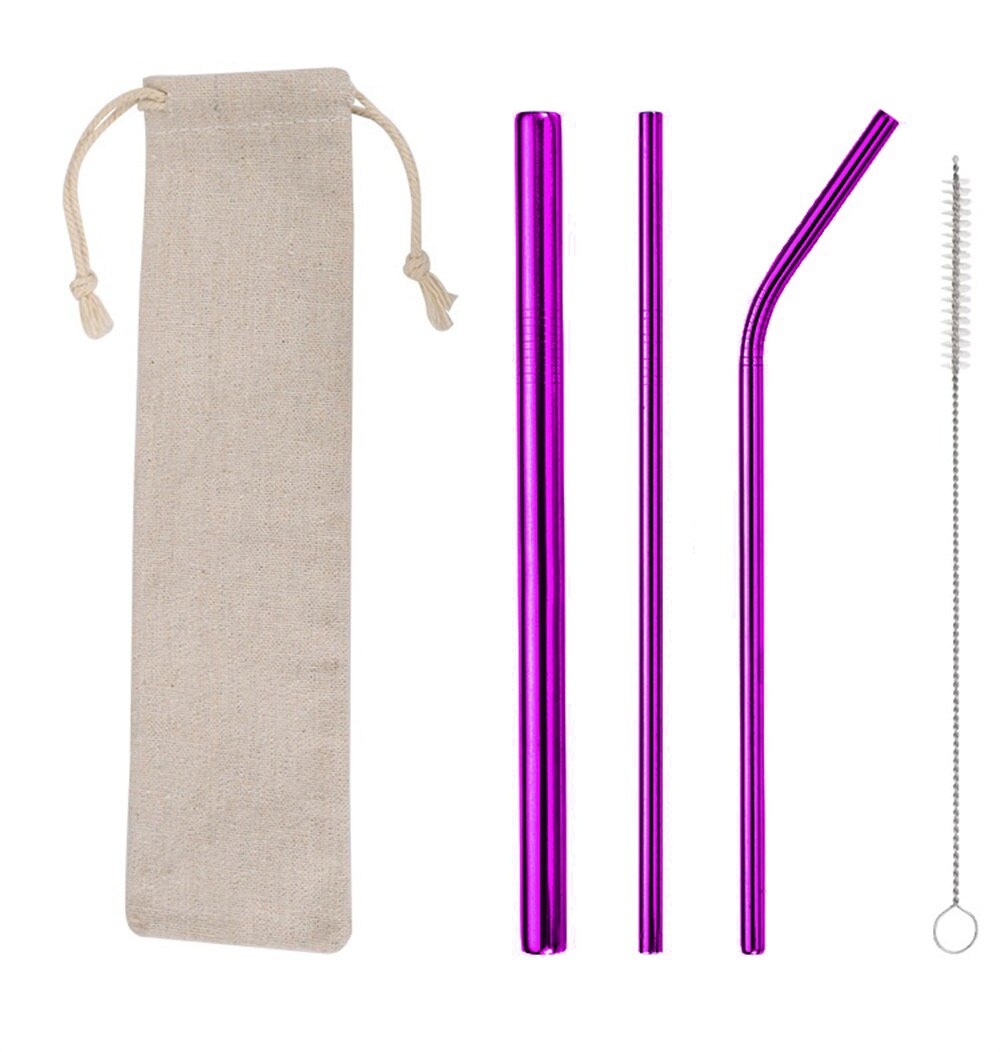 Reusable Drinks Straw Eco Friendly 304 Stainless Steel Metal Straws with Clean Brush Coffee Drinking Tube Set: Purple