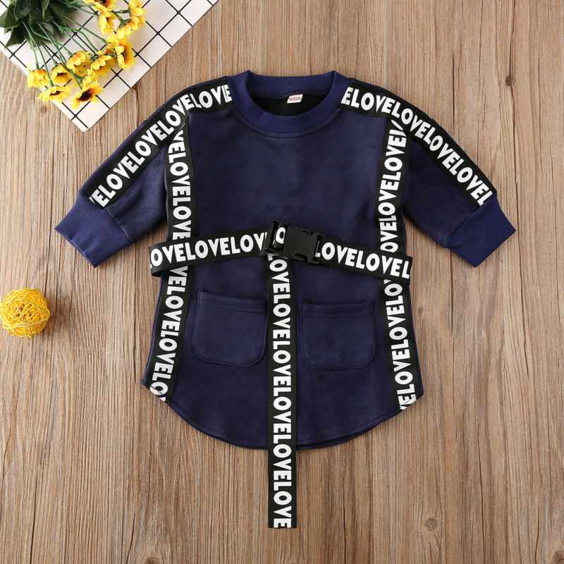 Pudcoco børn baby pige tøj langærmet sweatshirt lige kjole med bælte efterår spædbørn småbørn afslappet outfits 1-5t