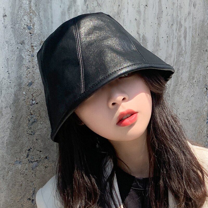 Pu læder spand hat efterår koreansk harajuku afslappet fisker cap kvinder solid håndvask hat panama femme retro kunst hat