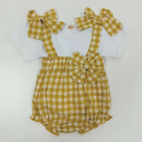 Baby Meisje Kleding Wit Korte Mouw O-hals T-shirt Tops Geel Strik Plaid Sling Korte Overall Bib Broek Kleding Outfit