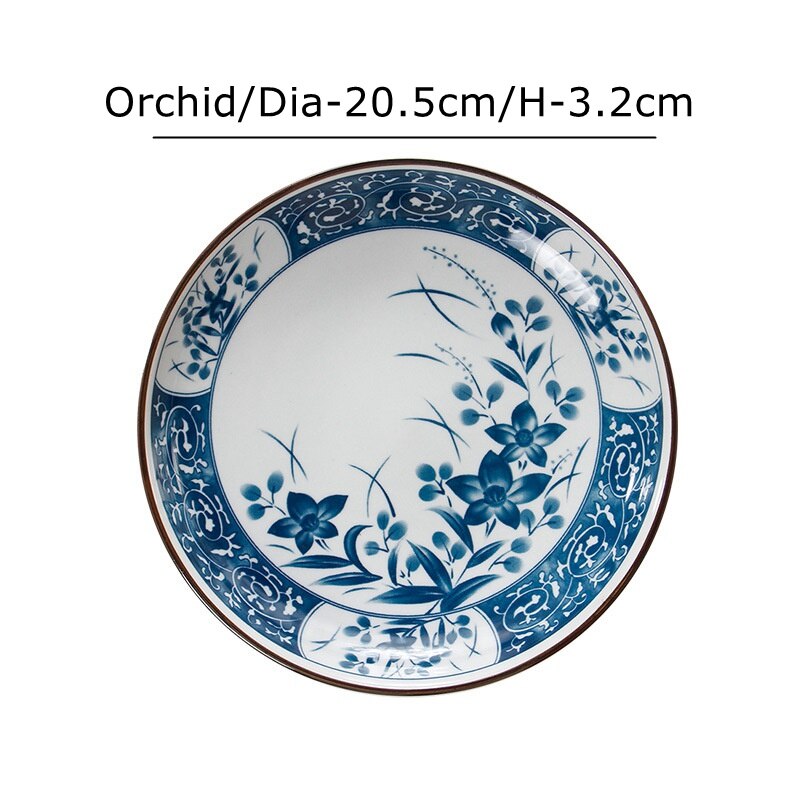 8 inch Japanese Dinner Plate Blue and White Ceramic Dinner Dishes Lotus Orchid Dinnerware Steak Pasta Dishes: Orchid