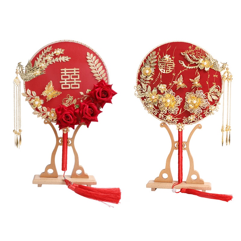 Éventail rond chinois éventail Vintage rouge | Ventilateur à la main chinois rond, éventail rouge avec pompon, décoration de fête de mariage et de mariée, poudard