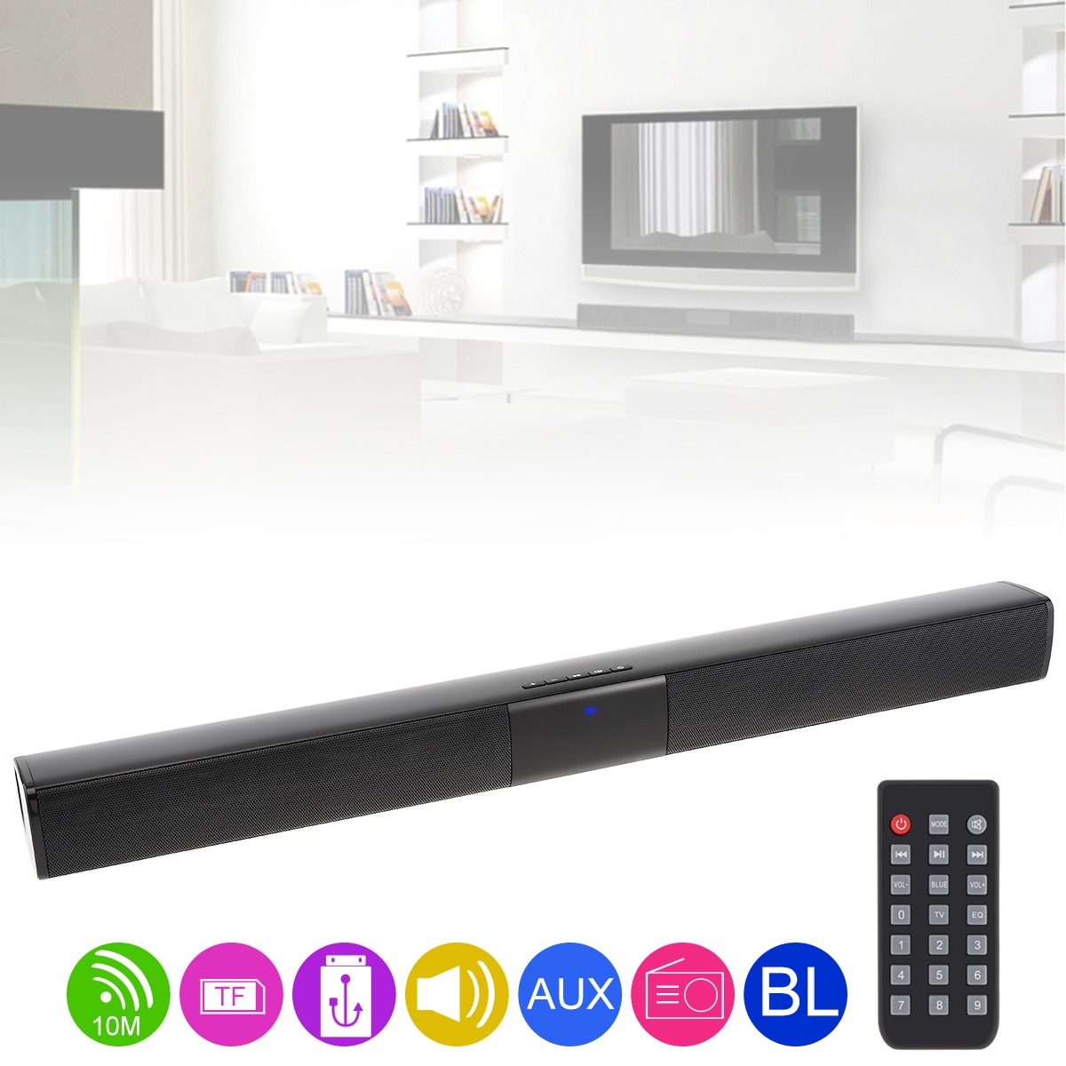 BS-28B Home Theater Surround Multi-function Bluetooth Soundbar Speaker with 4 Full Range Horns/3.5mm AUX/RCA Interface for TV