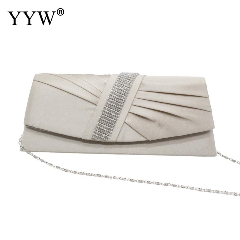 Aprikos dam satin veckad strass kväll clutch väska med kedja dam feminin knuten satin veck kväll clutch väska