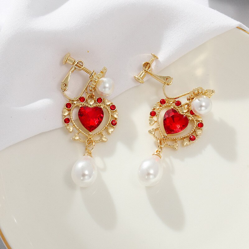 WENHQ Gold Farbe verrotten Herz bilden Clip auf Ohrringe frauen Strass Perle Baumeln Ohrring Charme Schmuck Neue: Clip an Ohrringe