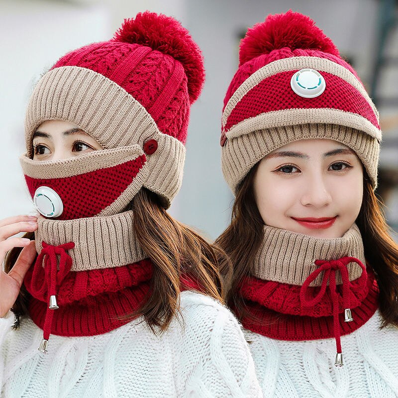 Vindtät mössa mössor dam varma stickade mössor scarf set dam vinter vadderad mask halsskydd 3 pc set cykling ullkepsar: Tredelad set röd