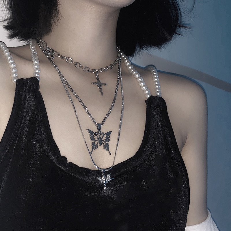 Huanzhi 3 Stks/set Drie Laag Vlinder Cross Angel Hanger Metalen Ketting Ketting Voor Vrouwen Punk Cool Guy Sieraden