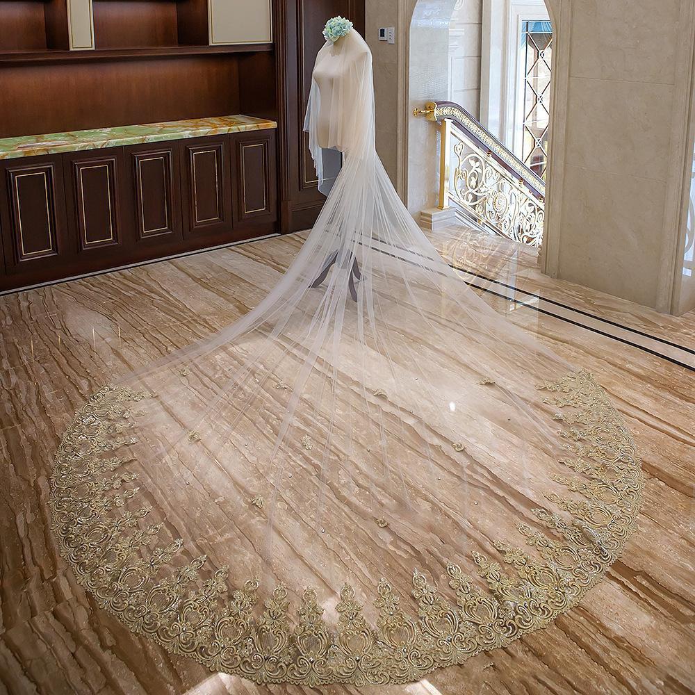 Lace Gold Embroidery Wedding Veil Soft Tulle 3.5m Luxury Bridal Voile Mariage With Face Veils Accessori Sposa: Default Title