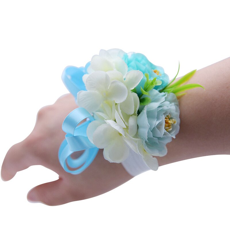 Janevini lichtpaars kunstmatig pioenroos bruidsboeket met lint en zijden bloemen, bruidsboeket met parels en broche: Tiffany blauwe pols