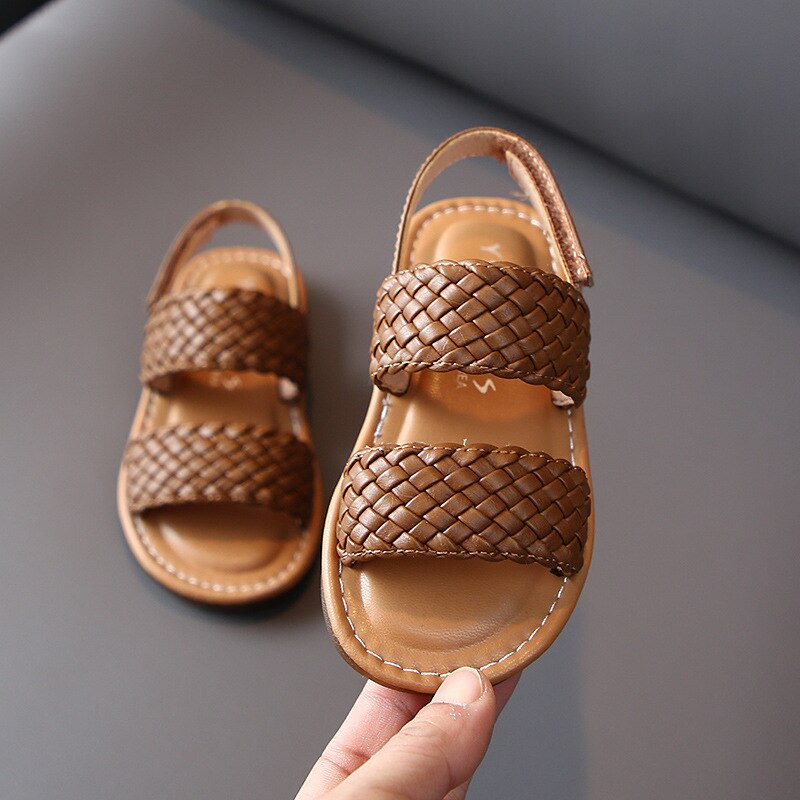 Tissage de sandales pour enfants | Chaussures d'été, solides et douces, 14-19cm, blanc marron, pour bébés filles de 0-6 ans
