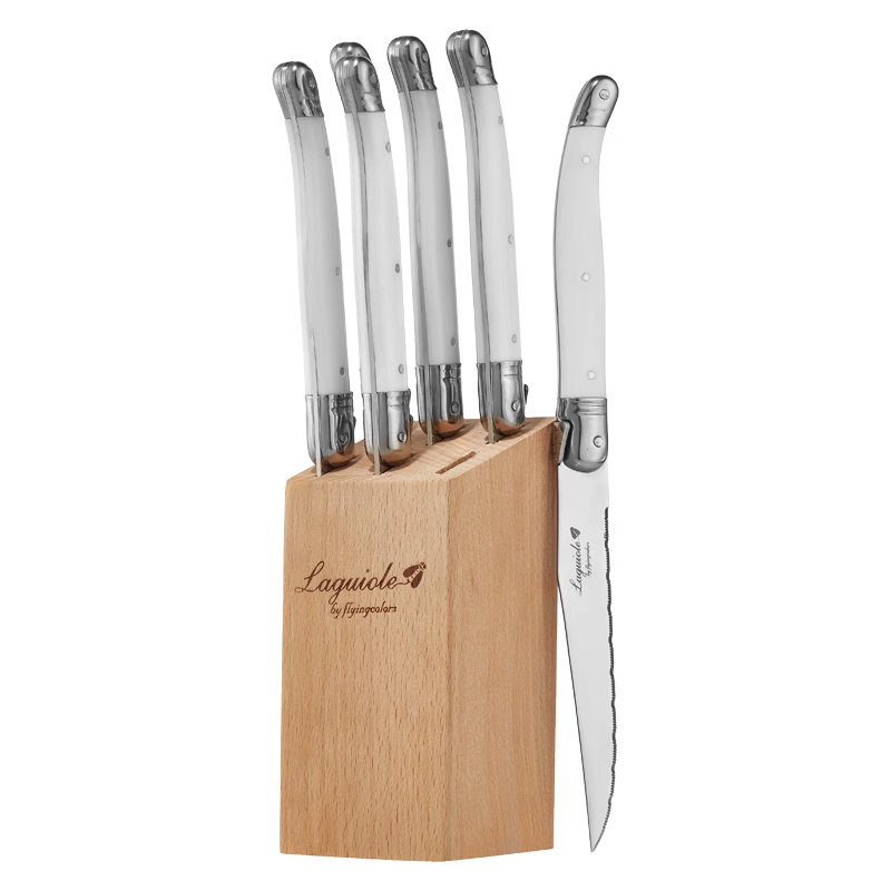 Conjunto de facas de bife de aço inoxidável, 6 peças/7 peças, facas de bife laguiole com suporte de madeira, faca de jantar de aço colorida, conjunto de talheres de natal: Branco