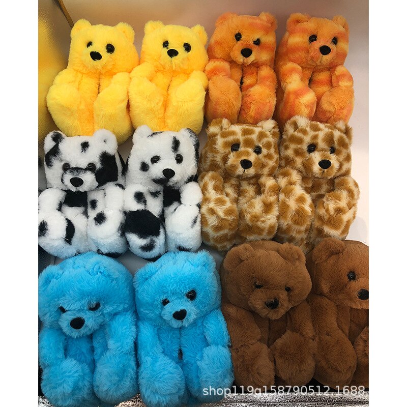 18-20Cm Kinderen Teddybeer Slippers Teddybeer Slippers Vloer Woninginrichting Pluche Dikke Katoenen Warme Schoenen winter